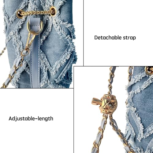 Eiyye Denim Bucket Bag Quilted Jean Purse for Women Hobo Crossbody Handbag, Washed Blue Shoulder Bag with Adjustable Chain Strap3