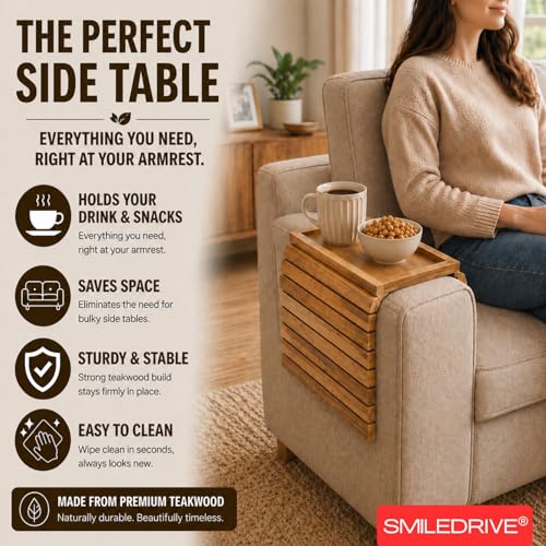 Image of SMILEDRIVE Teakwood Sofa Armrest Tray with Cup Holder Section, Set of 2 | Foldable Couch Organizer, Snacks, Remote & Phone Holder, Made in India
