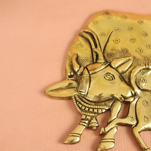 Image of Spillbox Brass Kamdhenu Cow Pair Wall Hanging |Vastu Gau MATA Statues Wall Hanging for Home |Living Room|Door Hanging Decor|Statue Sculpture for Home&Office- Brass Kamdhenu