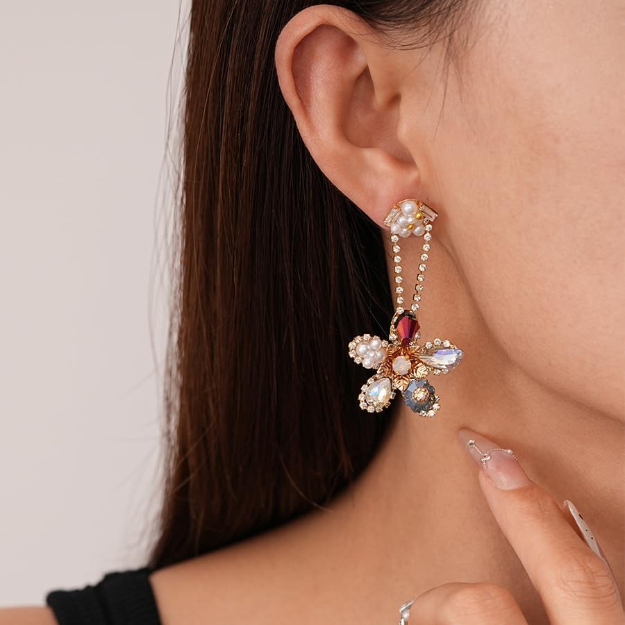 Exaggerated Long Flower Drop Earrings for Women,Trendy Dainty Colored Cubic Zirconia Dangle Flower Earrings for Woman,Hypoallergenic Statement Ear Jewelry - Image 3