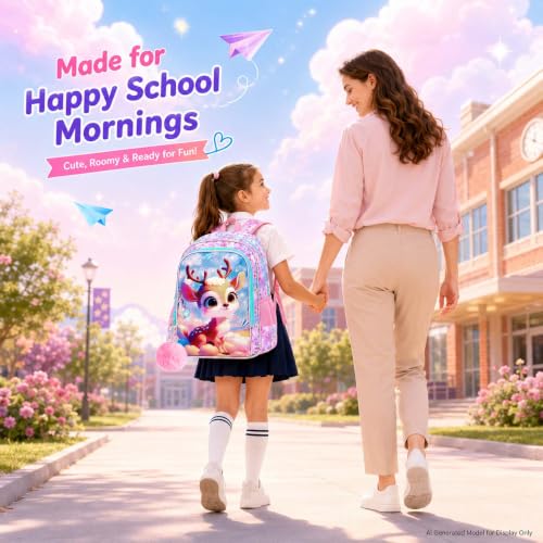Image of AGSDON 3PCS Backpacks for Girls, 16 inch Kids Backpack with lunch box, Cute Deer Water Resistant Bookbag Set for Preschool Toddler