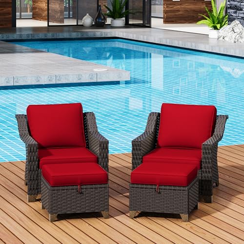 Image of 4 Pieces Patio Conversation Furniture Set - 2 Chairs with Ottomans Set of 2, Outdoor Wicker Armchairs with Water-Resistant and Washable Cushions for Porch, Balcony, Sunroom (Red) | Patio Chair Set with Olefin Removable Cushion, All-Weather Outdoor Couch with Deep Seat for Porch, Deck and Backyard, Red