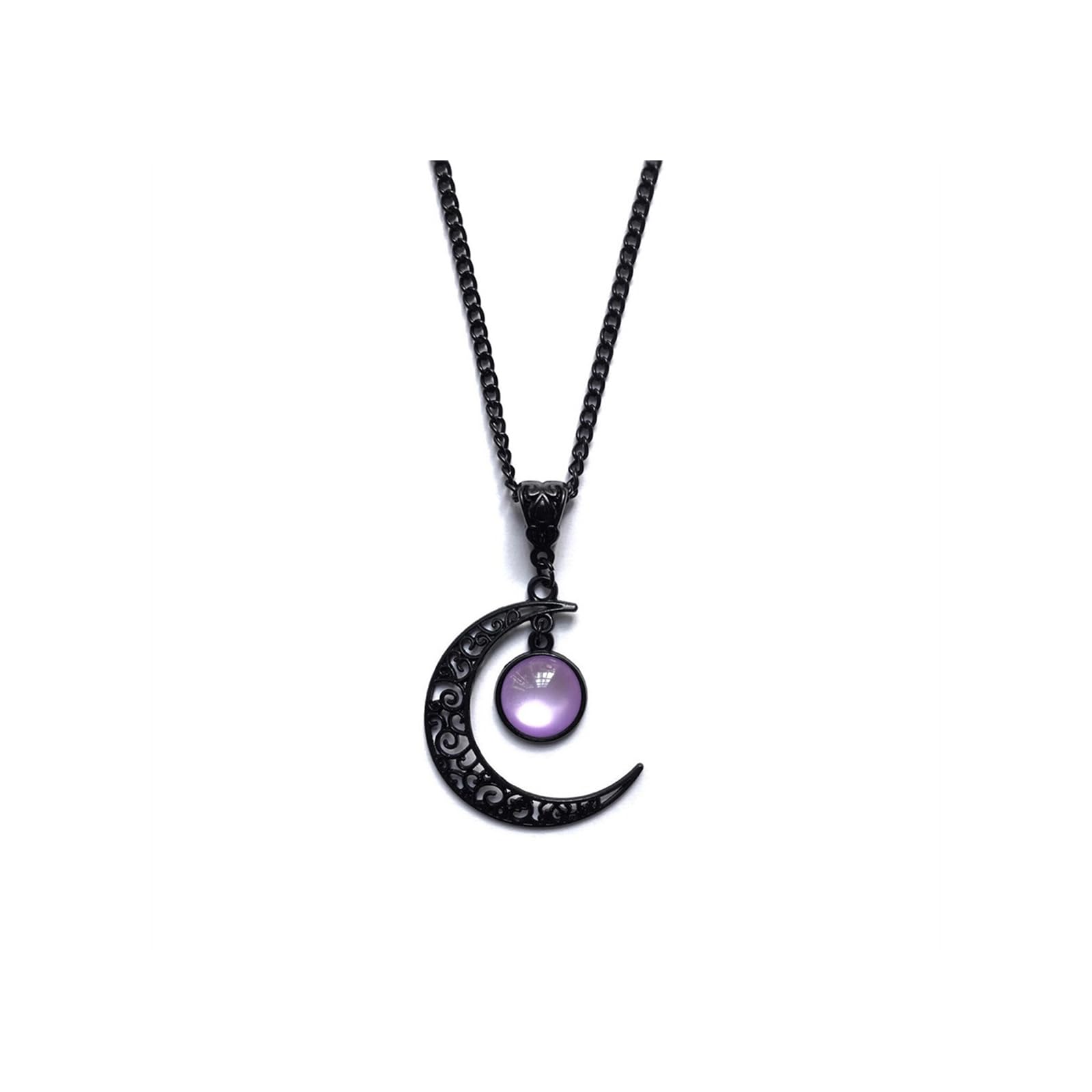 bike8 Gothic Vintage Black Crescent Moon Pendant Necklace with Purple Crystal - Goth Jewelry for Women