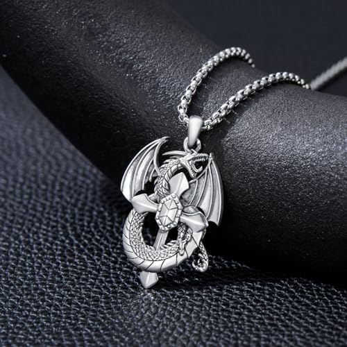 Dragon Necklace - Sterling Silver Unique Dragon Cross Religious Ball Pendant Necklace Personalized Jewelry Gifts for Men - Stainless Steel Chain 22+2"4