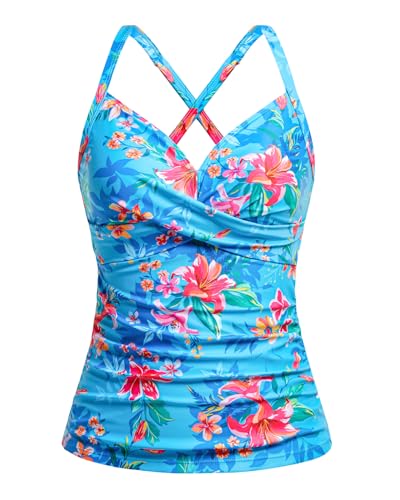 Women Tankini Bathing Suit Top - Twist Front V Neck Swim Top Only Ruched Tummy Control No Bottom 2026 Blue Floral M
