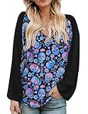Beyove Halloween Outfits Tops for Women V Neck Blouse Long Sleeve Flowy Festive Skeleton Skull Print Plus Size Shirt XXL