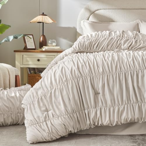 Image of Andency Ruched Oversized Queen Comforter Set Linen, 7 Pieces Ruffle Bed in a Bag, Shabby Chic Pleat Bedding Set with Comforter, Sheets, Pillowcase & Sham, Lightweight, Soft, All Season