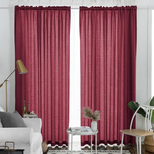 Melodieux Cortinas semitraslúcidas color borgoña de 274.3 cm de largo para sala de estar o dormitorio, cortinas de gasa extralargas con aspecto de lino rústico, bolsillo para barra, 52 x 108 pulgadas