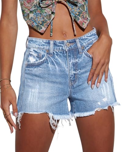 Image of onlypuff Womens Jean Short Cut Off Denim Shorts High Waist Ripped Distressed Stretchy