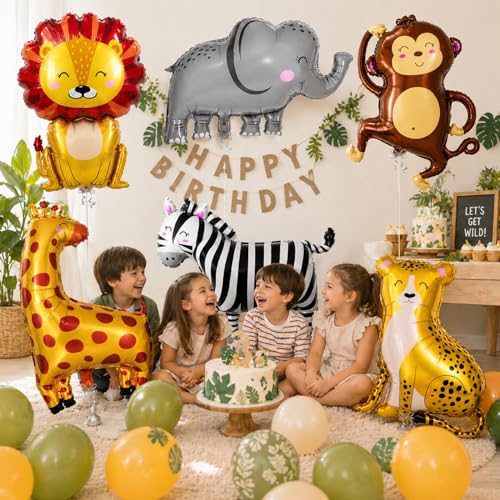 Image of Rozi Decoration Safari Animal Foil Balloons Set for Birthday Decoration, Pack of 6 Jungle Theme Helium Balloons with Lion Elephant Monkey Zebra Giraffe Tiger Design for Kids Baby Shower Party Supplies