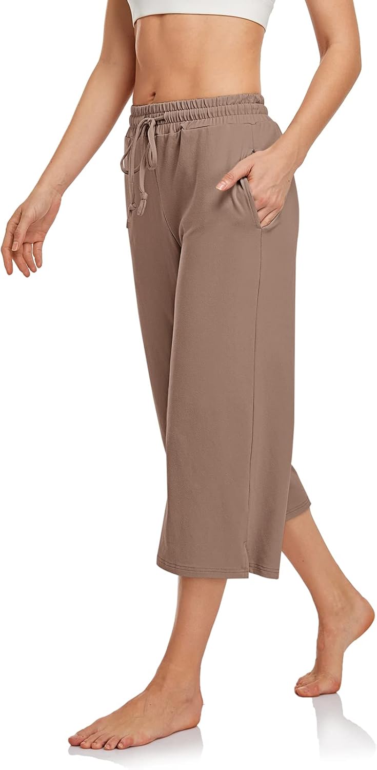 UEU Womens Capri Yoga Pants Summer Wide Leg Loose Casual Cropped Lounge Drawstring Pajama Capris Sweatpants with Pockets - Image 4