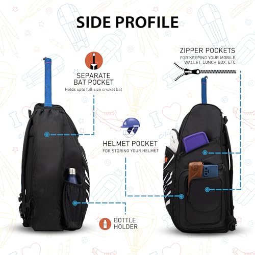 Image of WHACKK Blair 70L Cricket Bag Black|Full Size Kit Bag with Spacious Storage|Bat Pocket, Shoe & Helmet Compartment|Bottle Holder|Utility Pockets|Padded Back & Hip Belt