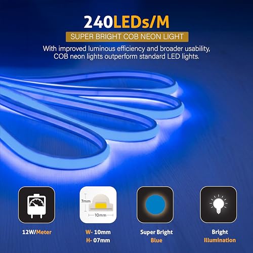 Image of Forus 20M LED Neon Strip Light Blue, 240 LEDs /M High Brightness COB Neon Rope Light, Waterproof IP65 Flexible Silicone Strip, Cuttable LED Light for Home, Bedroom, Wall Decor, Shop, Festival Lighting