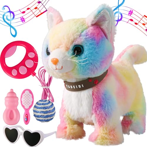 Colorful Leash Walking Cat Set Singing That Purrs and Meows Animated Plush Robot Kitten Moving Plush Realistic Stuffed Animal Remote Control Cute Kawai Robotic Kitty Toy for Girl