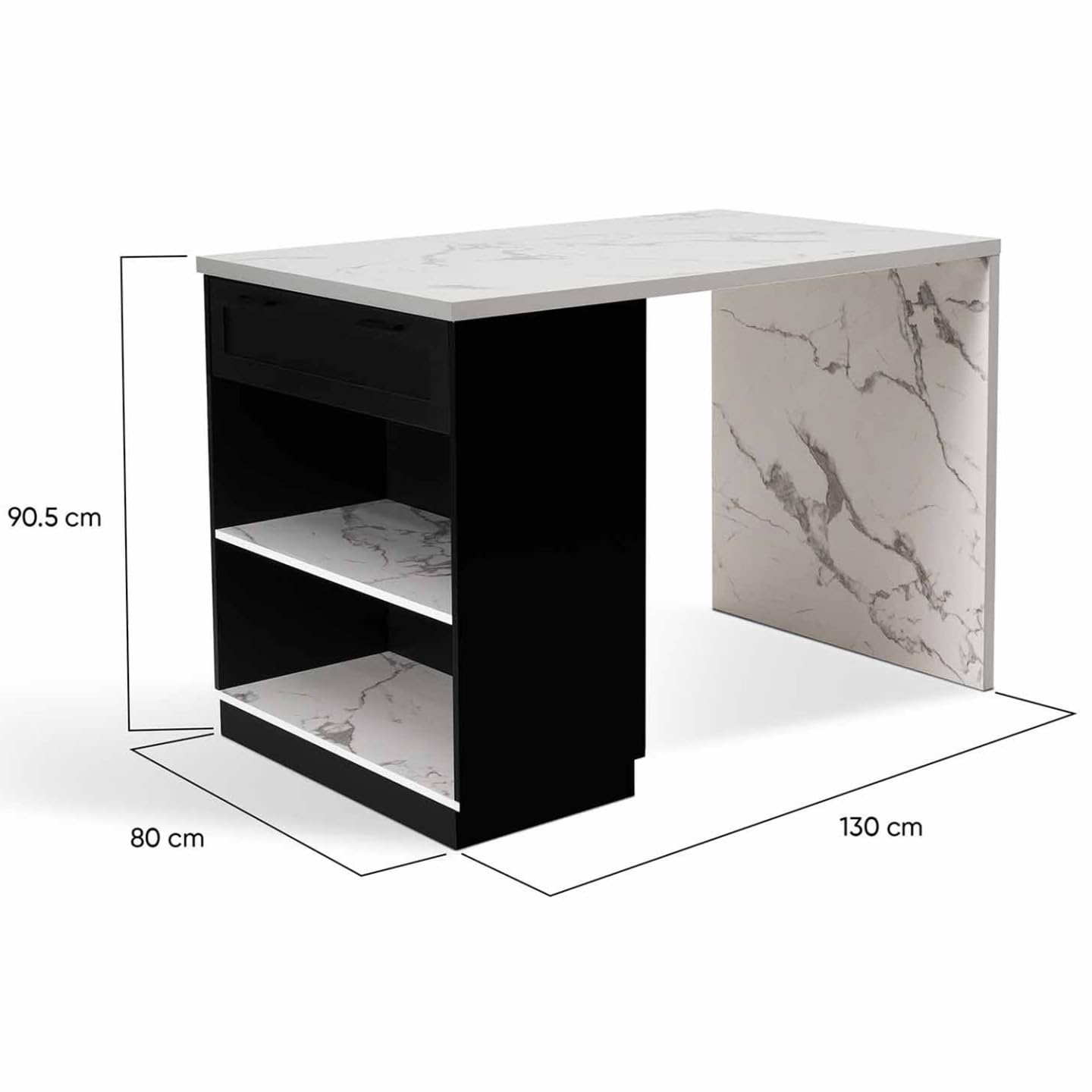 IDMarket - Ilot Central Mange Debout 4 Personnes VITO 130 cm Noir et Plateau Effet marbre Alaska