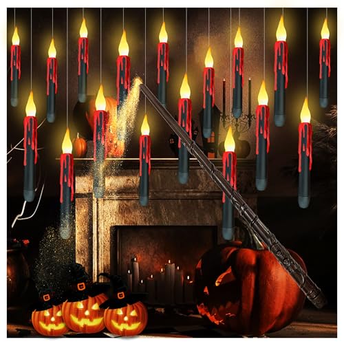 10 Pack Black Magic Floating Candles with Wand Remote-Flameless T...