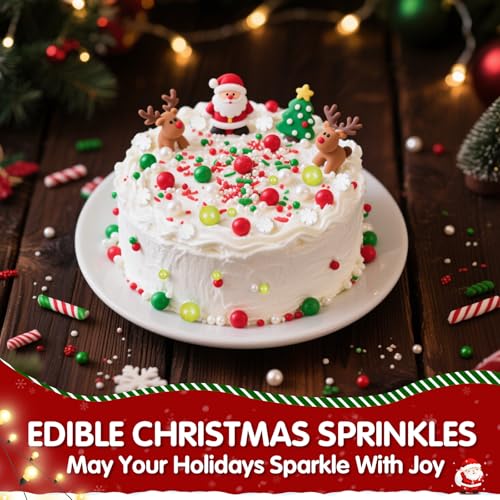 Image of Edible Christmas Sprinkles for Cake Decorating,130g,White Snowflakes Red Green Pearls and Jimmies Mix,Edible Winter Sugar Pearl Holiday Sprinkle for Cupcake Toppers,Cookie,Ice Cream Dessert Decorations Birthday Christmas Party Supplies