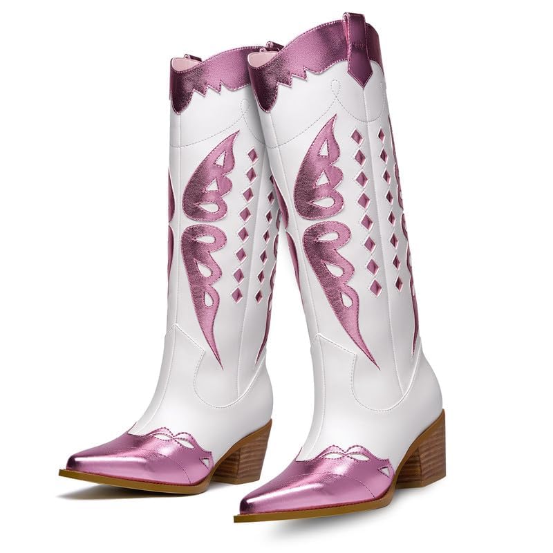 GOSERCE Women's Western Pointed toe Metallic Mid-Calf Cowboy Boots Knee High Cowgirl Boots Colorful sparkly Boots2