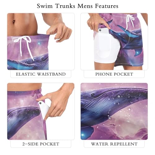 Nebula Whale Purple Mens Swim Trunks with Liner, Cool Quick Dry Beach Swim Shorts, Swimwear Bathing Suits S3