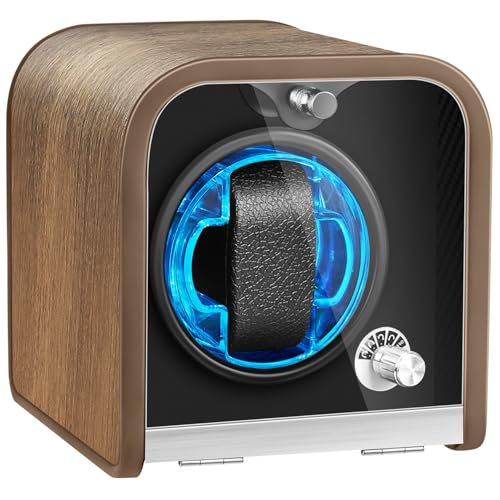 Uhrenbeweger für Automatikuhren, Uhrenbeweger mit 1/2/4 Fächern für Rolex, Uhrenbox mit superleisem Motor, 4 Rotationsmodi und LED-Beleuchtung, Geschenk für Männer (1 Slot Brown)