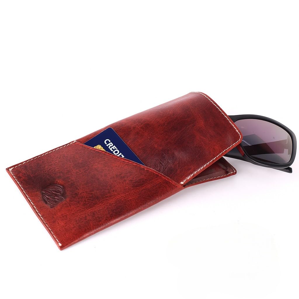Cricket-Gifts Red - Buffalo Leather Glasses Case | Leather Exterior | Includes Card Holder