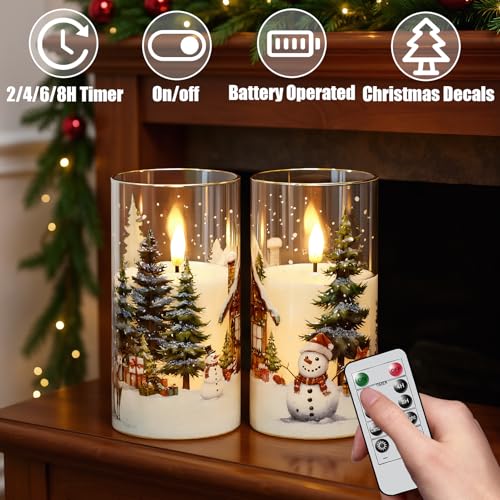 Image of KunSween Christmas Candles with Remote Timer, Set of 2 LED Glass Flameless Candles Battery Operated with Cedar, Snowman, Reindeer, Snowy House Decals for Holiday Winter Party Home Decor(D6 inch x H3 inch)