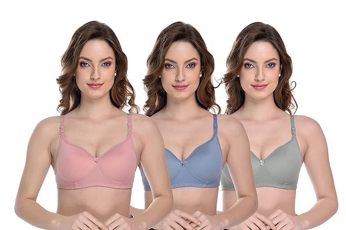 Image of Mahodara Women's Cotton Padded Full Cup Wire Free T-Shirt Elastane Lightly Bra Adjustable Shoulder Straps(Pack 3)
