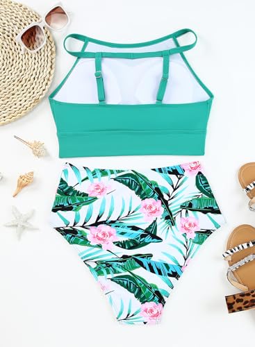 Image of Herseas Women's Bikini Sets High Neck Tropical Leaf Print High Waisted Two Pieces Swimsuits Bathing Suits