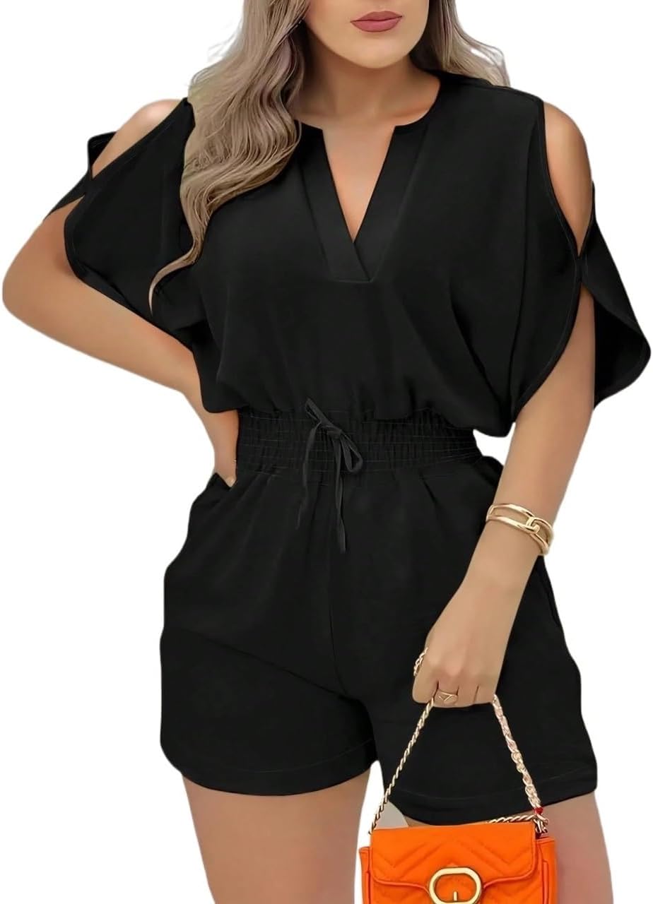 Rompers for Women Summer 2026 Elegant Tie-Up Batwing Sleeve Casual Jumpsuit