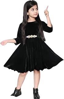 Girls Velvet Dress, Pearl Belt Detail, Long Sleeve, Flared Skirt Price In India