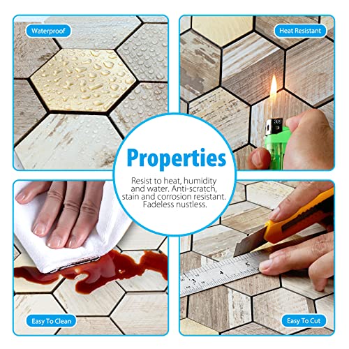 Tenashome 10-Sheets Backsplash Peel And Stick Hexagon Tile Metal 3D Relief Distressed Wood Wall Panel Stick On Kitchen Bathroom Fireplace Beige Birch&Gold #TOP3