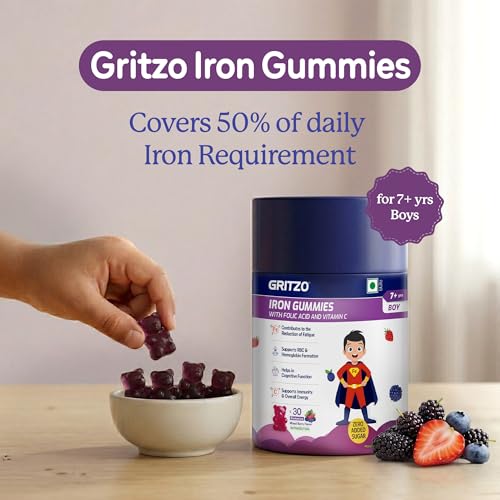 Image of Gritzo Iron Gummies for (7+ Boy), Mixed Berry, 30 Gummies | With Folic Acid & Vitamin C | Zero Added Sugar