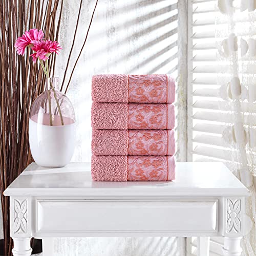 Halley Decorative Hand Towels Set, 4 Pack - Turkish Towel Set With Floral Pattern, Highly Absorbent & Fade Resistant Fabric, 100% Cotton - Pink #TOP4