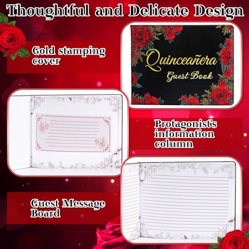 Image of MotiMind Quinceanera Guest Book with Pen 11 x 8 Inch Libro De Firmas Para 15 Anos Quinceanera Leather Hardcover Signature Book Guest Sign in for 15th Party Favors Decoration(Black,Floral)