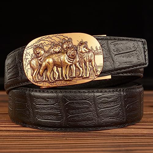 Men's Crocodile Pattern Leather Belt - Automatic Ratchet Buckle With Engraved Wolf Design For Dress & Casual2