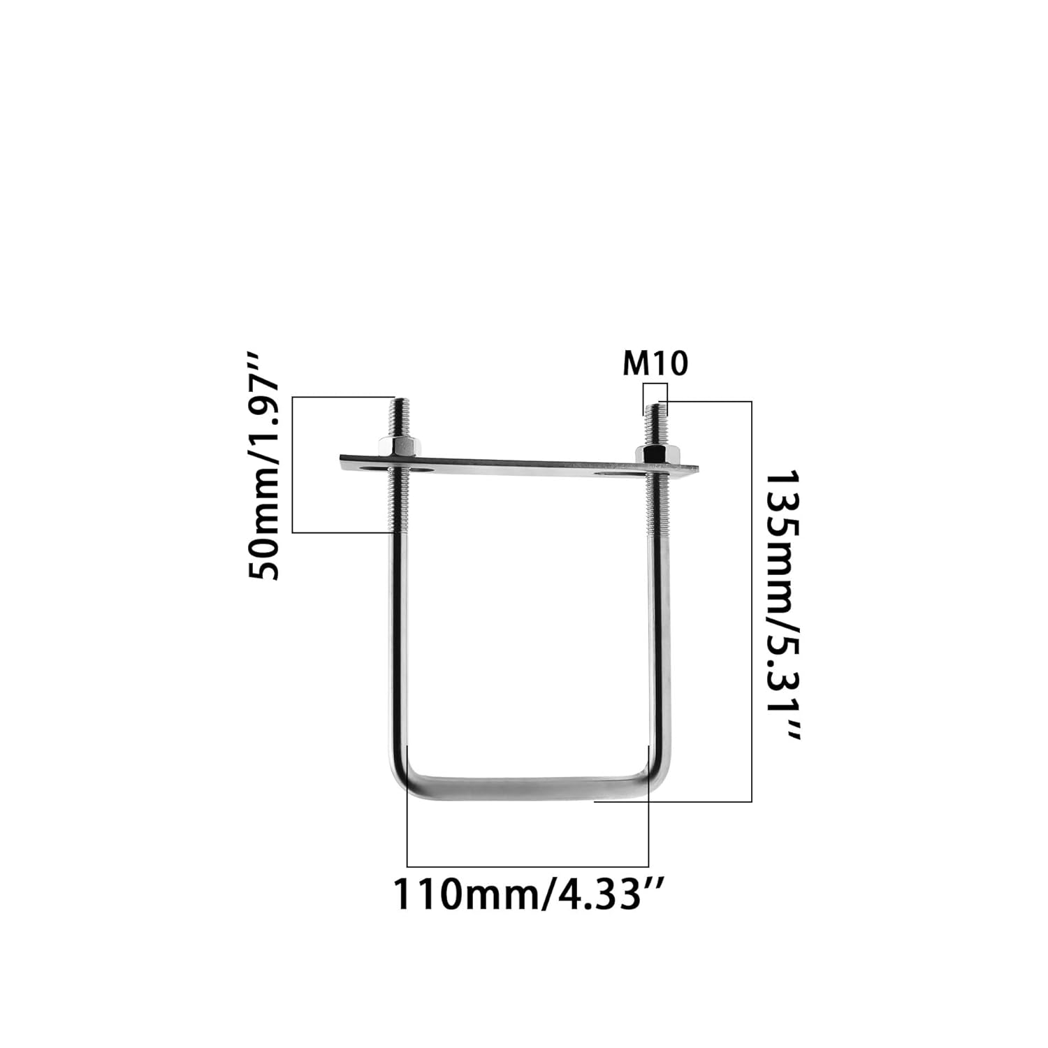 Square U-Bolts,Stainless Steel Square Bend U Bolts,Frame Plate U Shaped Nuts and Bolts for Automobiles Trailers,Ski Boats,or Sailboat Trailers,4 PCS M10*110 * 135