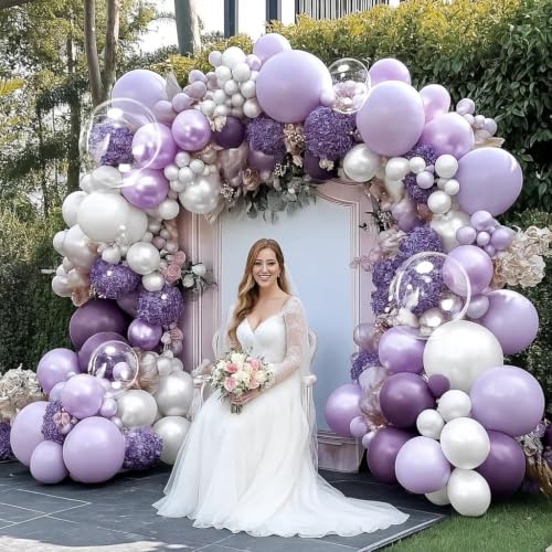 Image of Purple White Balloon Garland Double Stuffed Light White Lilac Balloons Pearl Balloon Arch Kit For Lavender Fairy Birthday Baby Shower Wedding Wild Flower Bridal Shower Party Decor