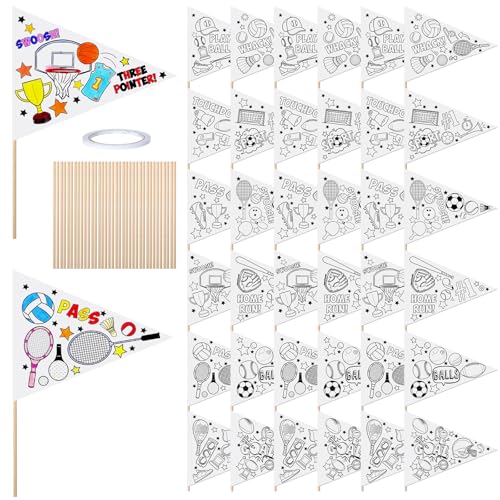 Image of 36 Packs Sports Flag Crafts Sports Party Favor Color Your Own Football Basketball Soccer Flag Coloring Pennant Art Crafts for Home DIY Activities Project Party Decoration