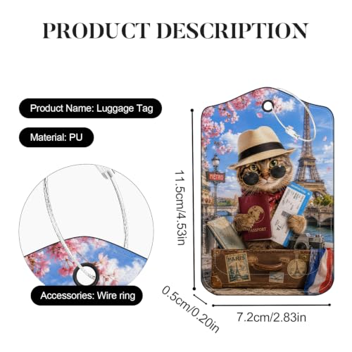 Image of Funny Cat Paris Luggage Tags 2 Pack, PU Leather with Privacy Cover