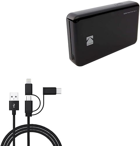 BoxWave Cable compatible con impresora fotográfica instantánea Kodak Mini 2, cable AllCharge 3 en 1, color negro azabache