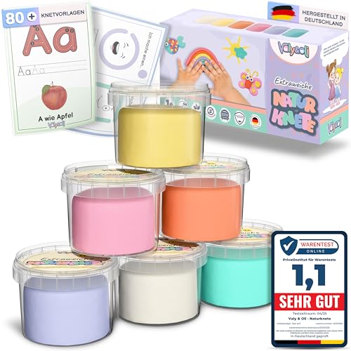 Valy&Oli Knete - Extraweiche Vegane Kinderknete ab 1 2 3 Jahren [inkl. Knetvorlagen] Made in Germany - Sorglos Spielen - Fördert Kreativität & Feinmotorik - XL Set 6×100 g - Pastellfarben