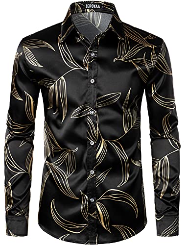 Image of ZEROYAA Men's Luxury Printed Silk Like Satin Button Down Dress Shirt for Party Prom