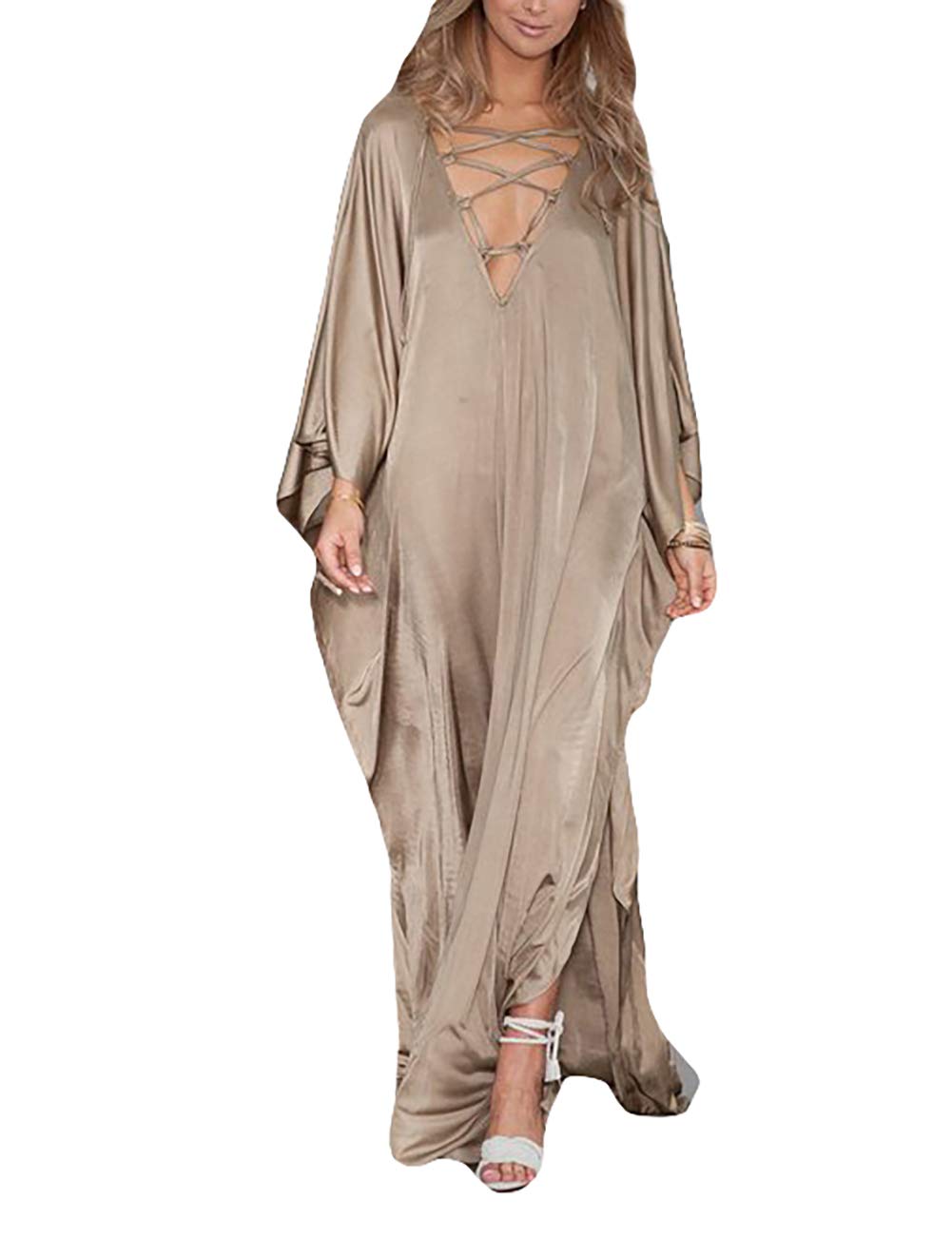 Bsubseach 2026 Long Kaftan Dresses Muumuu Plus Size V Neck Vintage Caftan Coverup Sexy Satin Dress