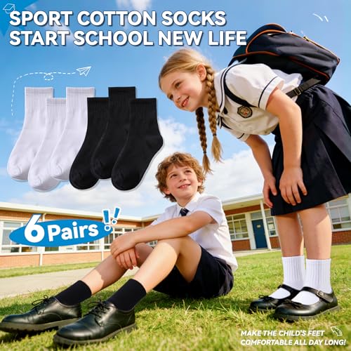 Image of Eyean Kids Athletic Crew Socks Boys Girls Cotton School Uniform Casual Basic Socks 6 Pairs