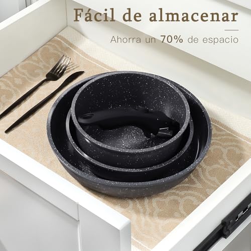 Miniatura 4 de GiPP Juego de Ollas y Sartenes 15 Piezas, Sartenes Induccion de Aluminio, Incluye Sartén de 24 cm y 30 cm, Cacerola de 3 L y 4 L, Wok de 28 cm, Tapa, Mango Extraible y Otros Accesorios