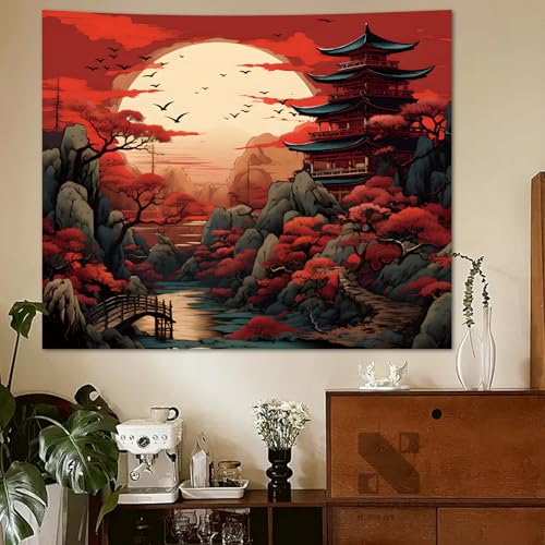 Apdidl Tapeçaria japonesa de anime preto vermelho para estética de quarto, pôr do sol escuro florest