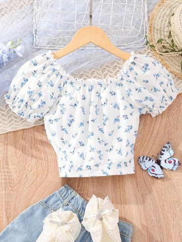 OYOANGLE Girl's Floral Print Short Puff Sleeve V Neck Crop Blouse Frill Trim Cropped Shirt Tops2