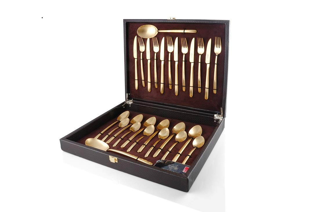 FNS Bianca 26 Pcs Gold Plated Premium Cutlery Set in Beautiful Leatherette Box Packaging (6 Dinner Spoon, 6 Dinner Fork, 6 Teaspoon, 6 Dinner Knives & 2 Serving Spoons)