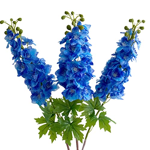 YalzoneMet 3 Pcs Dark Blue Delphinium Artificial Flower Latex 31.5'' Long Stem Fake Larkspur Real Touch Lifelike Big Silk Delphinium Flower for Home Decor Wedding Flora Table Centerpiece