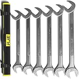 KJE 6PCS SAE 1 3/8' to 2' Jumbo Angle Wrench Set, Large Big Wrench Set, 15° & 60° Angled Heads, High Carbon Steel with Sandblasted Chrome & Storage Bag for Heavy-Duty Mechanics & Automotive & Truck